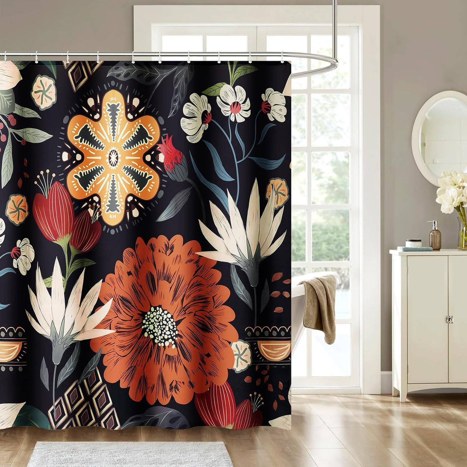 MAGBIX Boho Floral Shower Curtain For Bathroom, Abstract Vintage Colorful Bohemian Flowers ...